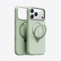 TORRAS Ostand Q3 sage green silicone case for iPhone 17 Pro Max, with integrated ring stand.