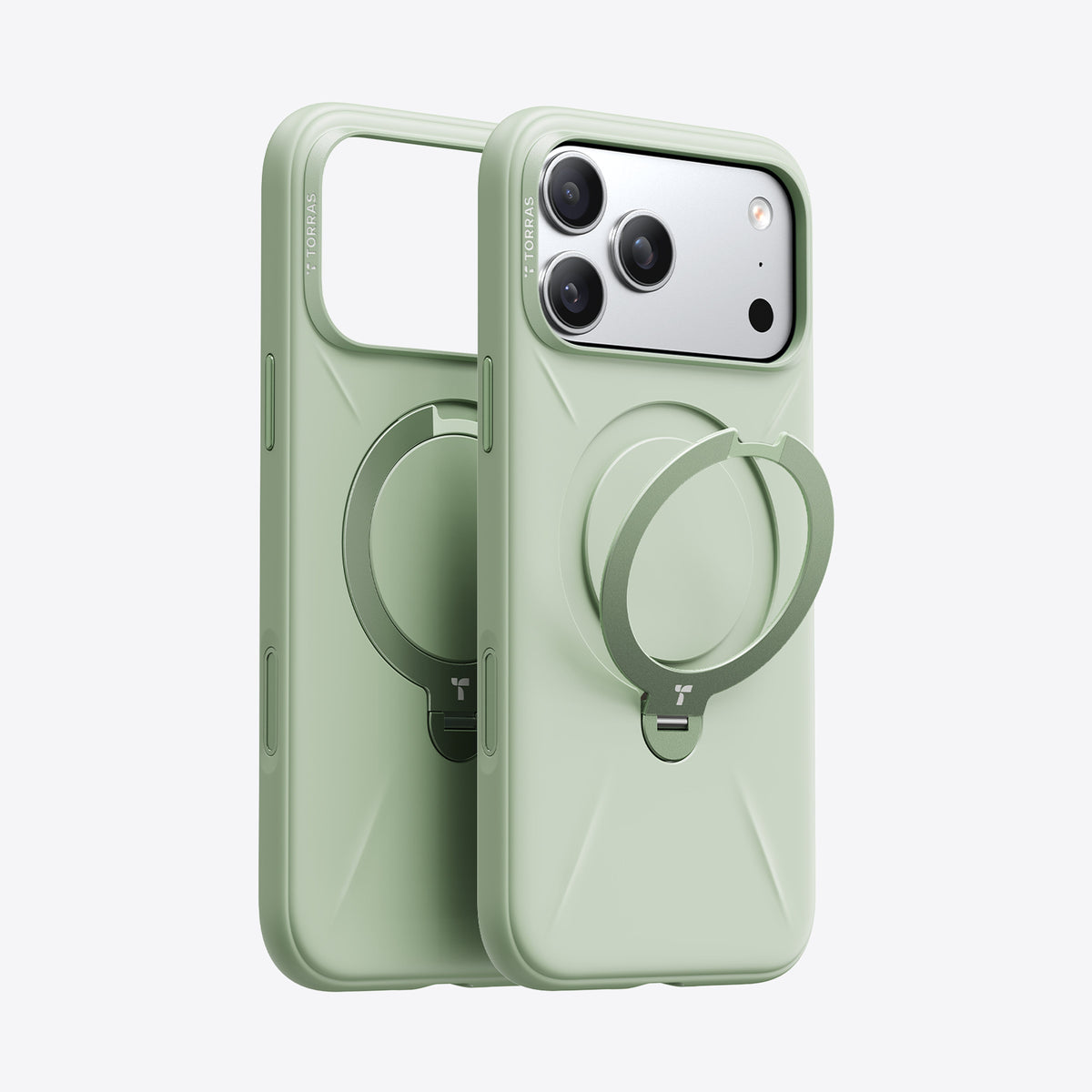 TORRAS Ostand Q3 sage green silicone case for iPhone 17 Pro Max, with integrated ring stand.