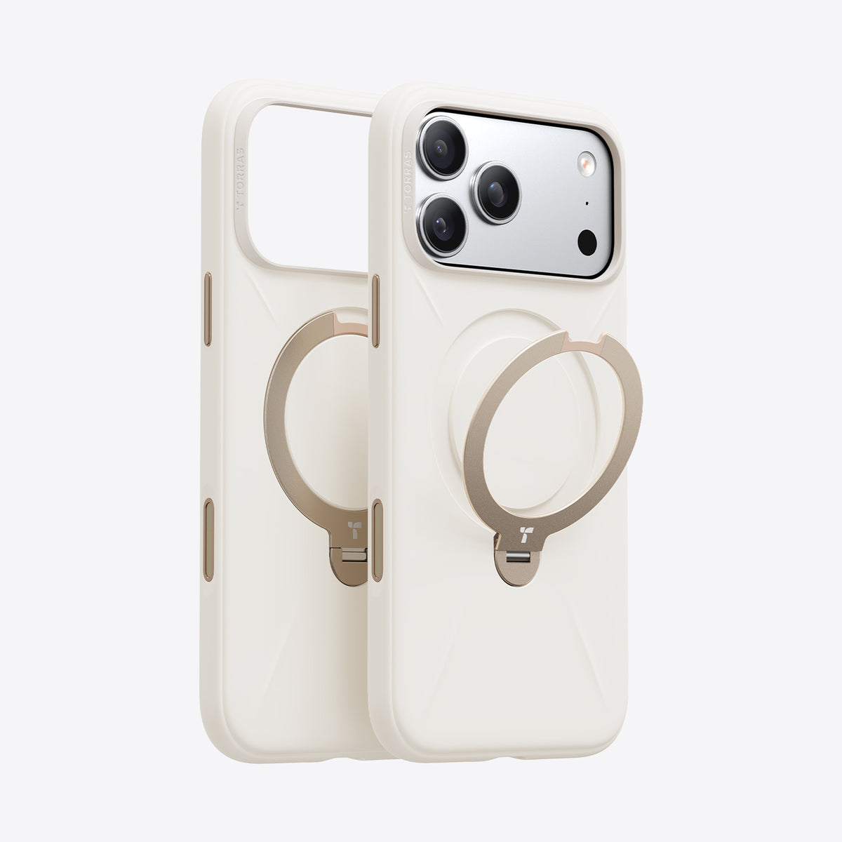 TORRAS Ostand Q3 cream silicone case for iPhone 17 Pro Max with gold ring stand.