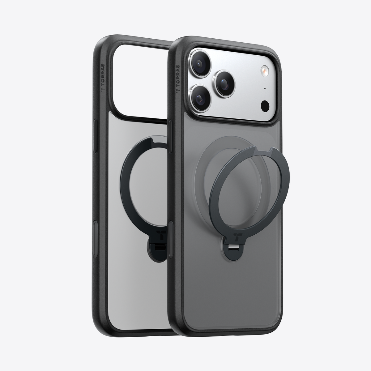 Black TORRAS Ostand Q3 Spin case for iPhone 17 Pro with integrated 360° magnetic spin stand.
