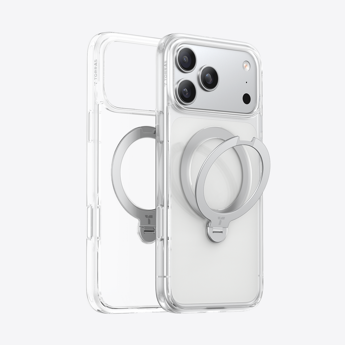 TORRAS Ostand Q3 Spin clear case for iPhone 17 Pro with magnetic stand.