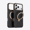 TORRAS Ostand Q3 black VegSkin case for iPhone 17 Pro Max with rose gold magnetic stand.