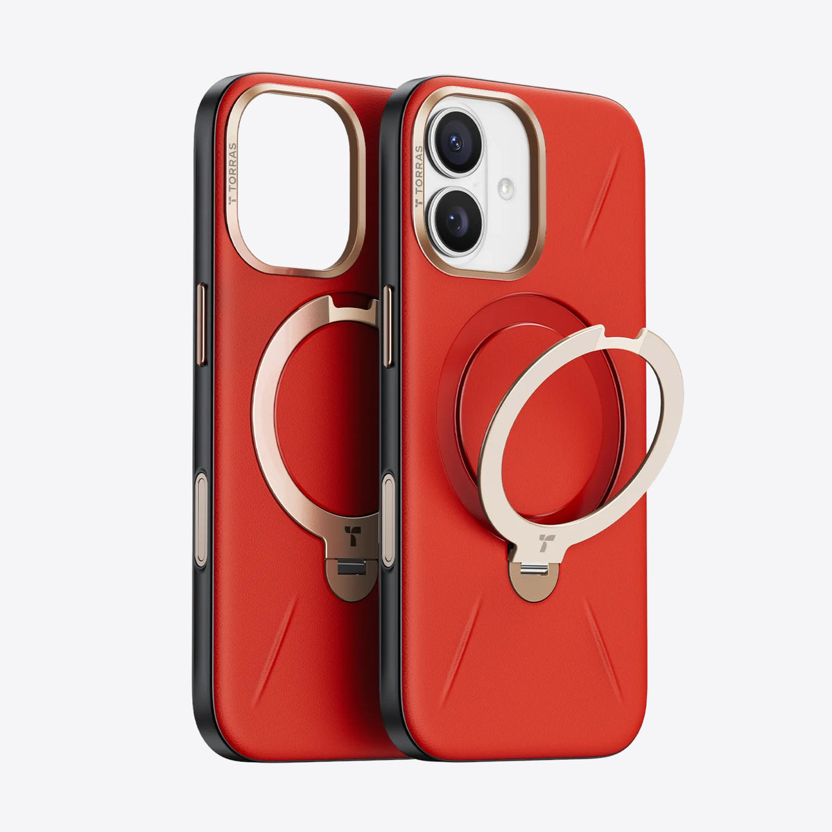 TORRAS Ostand Q3 Vegskin red iPhone 17 case with rose gold magnetic stand, T TORRAS logo.