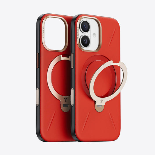 TORRAS Ostand Q3 Vegskin red iPhone 17 case with rose gold magnetic stand, T TORRAS logo.