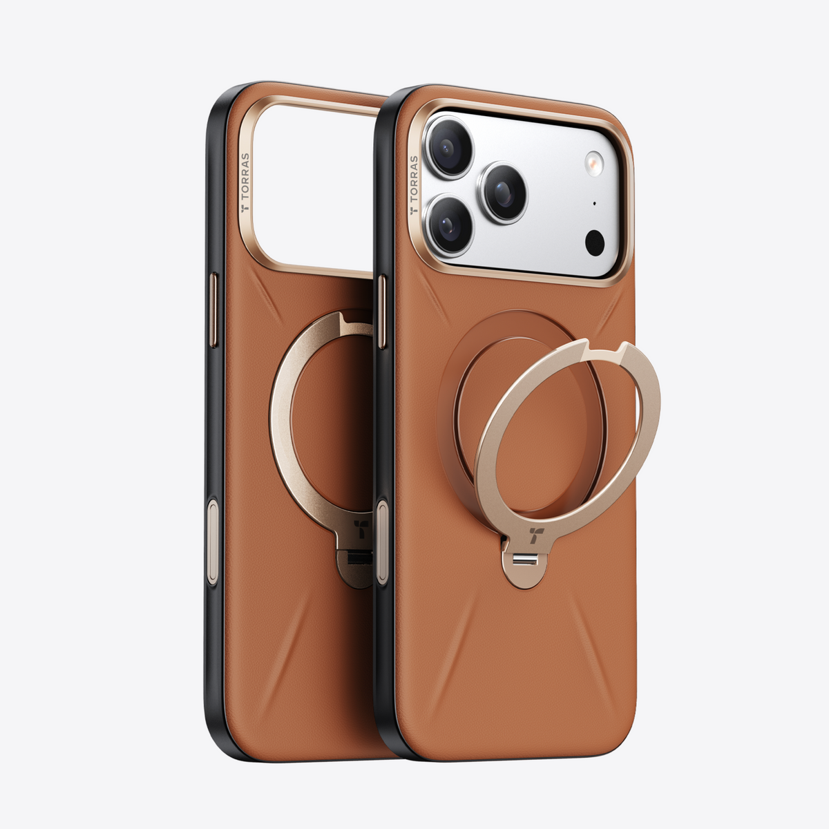 TORRAS Ostand Q3 VegSkin brown iPhone 17 Pro Max case with magnetic stand ring