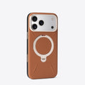 TORRAS Ostand Q3 VegSkin brown iPhone 17 Pro Max case with gold kickstand.