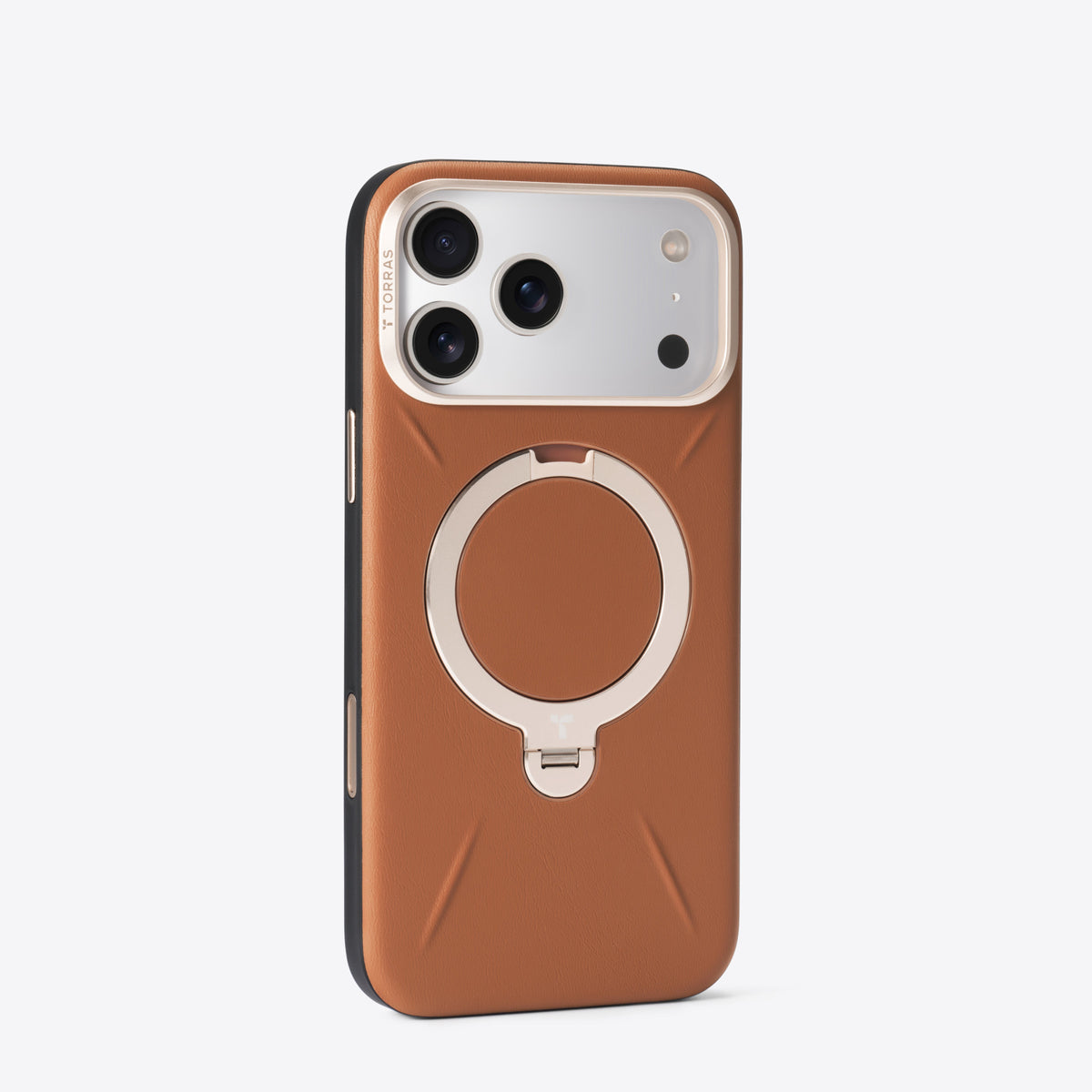 TORRAS Ostand Q3 VegSkin brown iPhone 17 Pro Max case with gold kickstand.
