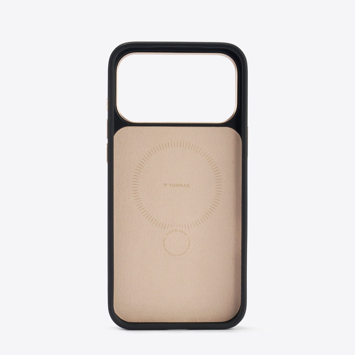 TORRAS Ostand Q3 VegSkin iPhone 17 Pro Max case, light brown VegSkin back with embossed logo and patented design.