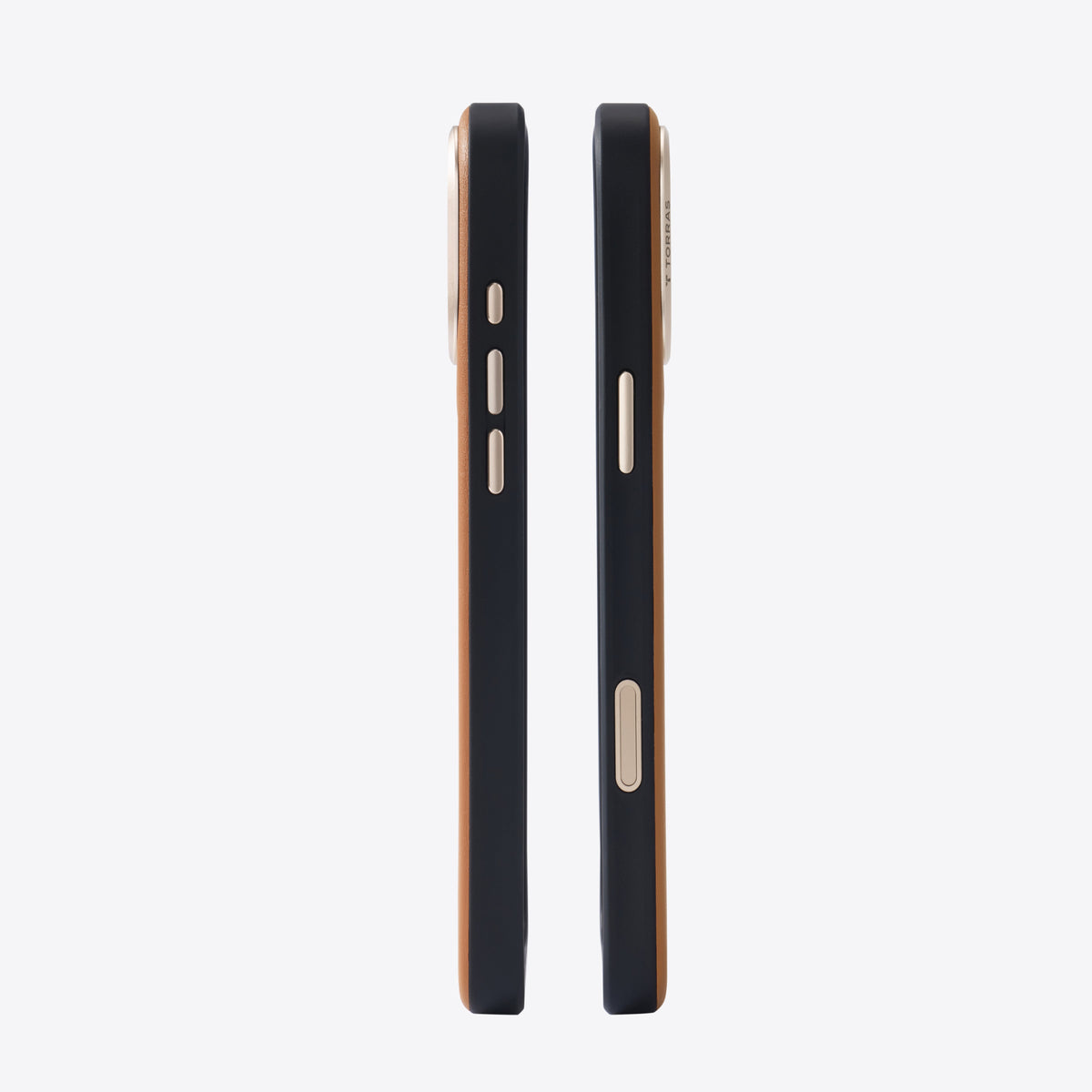 TORRAS Ostand Q3 VegSkin brown iPhone 17 Pro case, Italian calfskin texture, gold buttons.