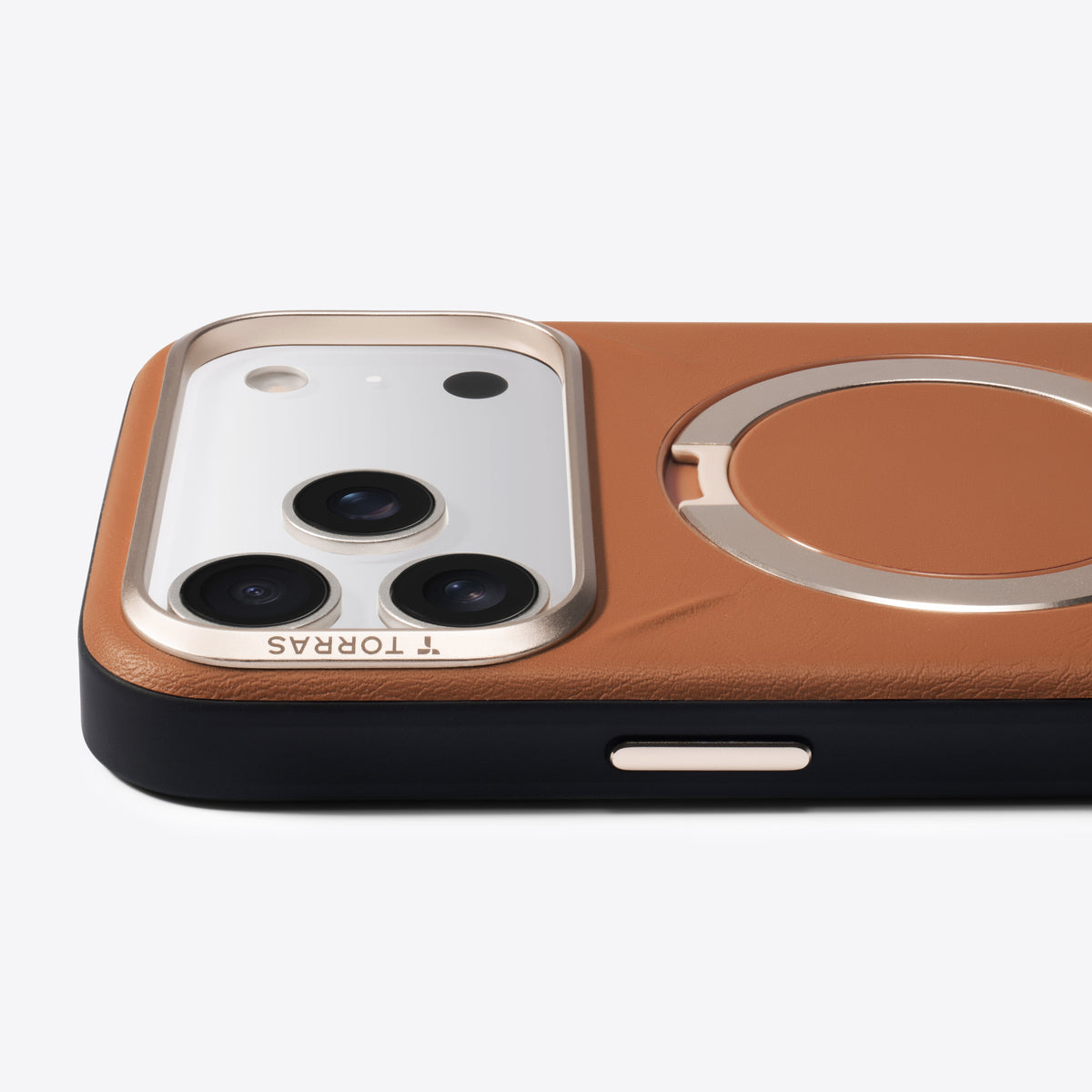TORRAS Ostand Q3 VegSkin brown iPhone 17 Pro Max case: textured back, gold kickstand.