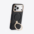 TORRAS Ostand Q3 VegSkin black iPhone 17 Pro Max case with gold kickstand.