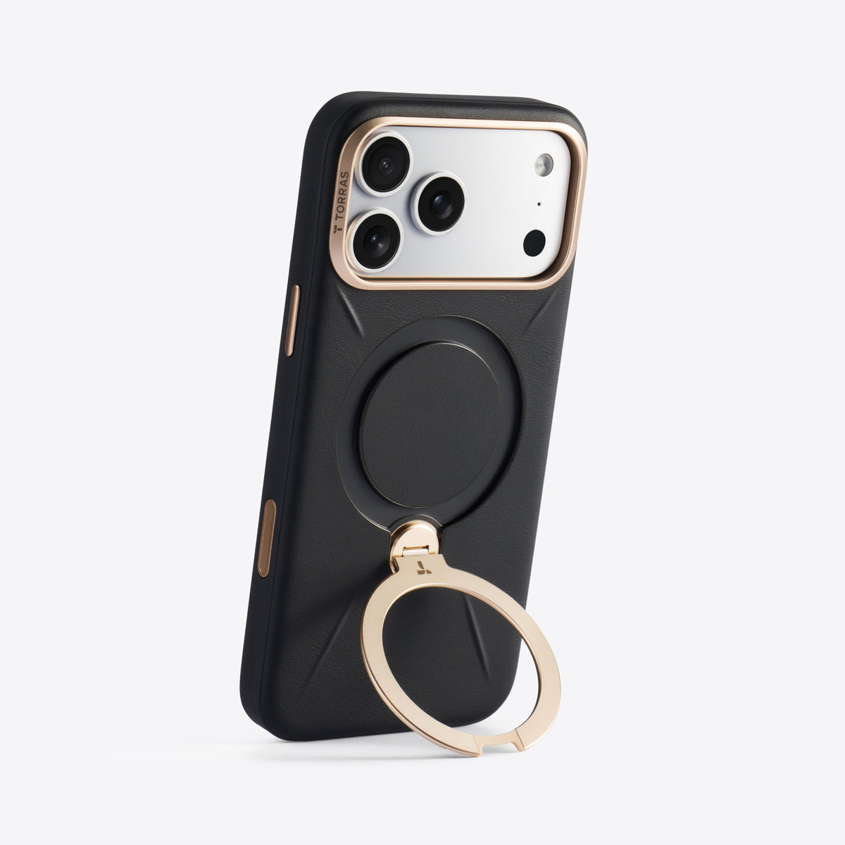 TORRAS Ostand Q3 VegSkin black iPhone 17 Pro Max case with gold kickstand.