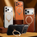 TORRAS Ostand Q3 VegSkin brown iPhone 17 Pro Max case with magnetic gold ring stand.