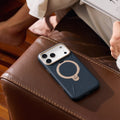 TORRAS Ostand Q3 VegSkin dark blue iPhone 17 Pro Max case with magnetic ring stand.