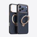 TORRAS Ostand Q3 VegSkin iPhone 17 Pro Max case in dark blue with gold kickstand ring.