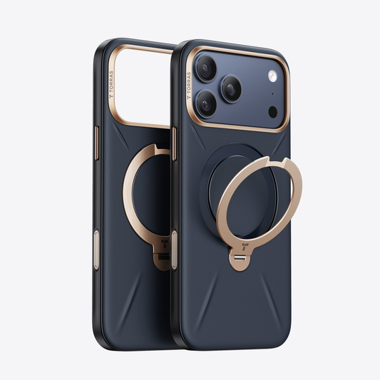 TORRAS Ostand Q3 VegSkin iPhone 17 Pro case in dark blue with gold kickstand ring.