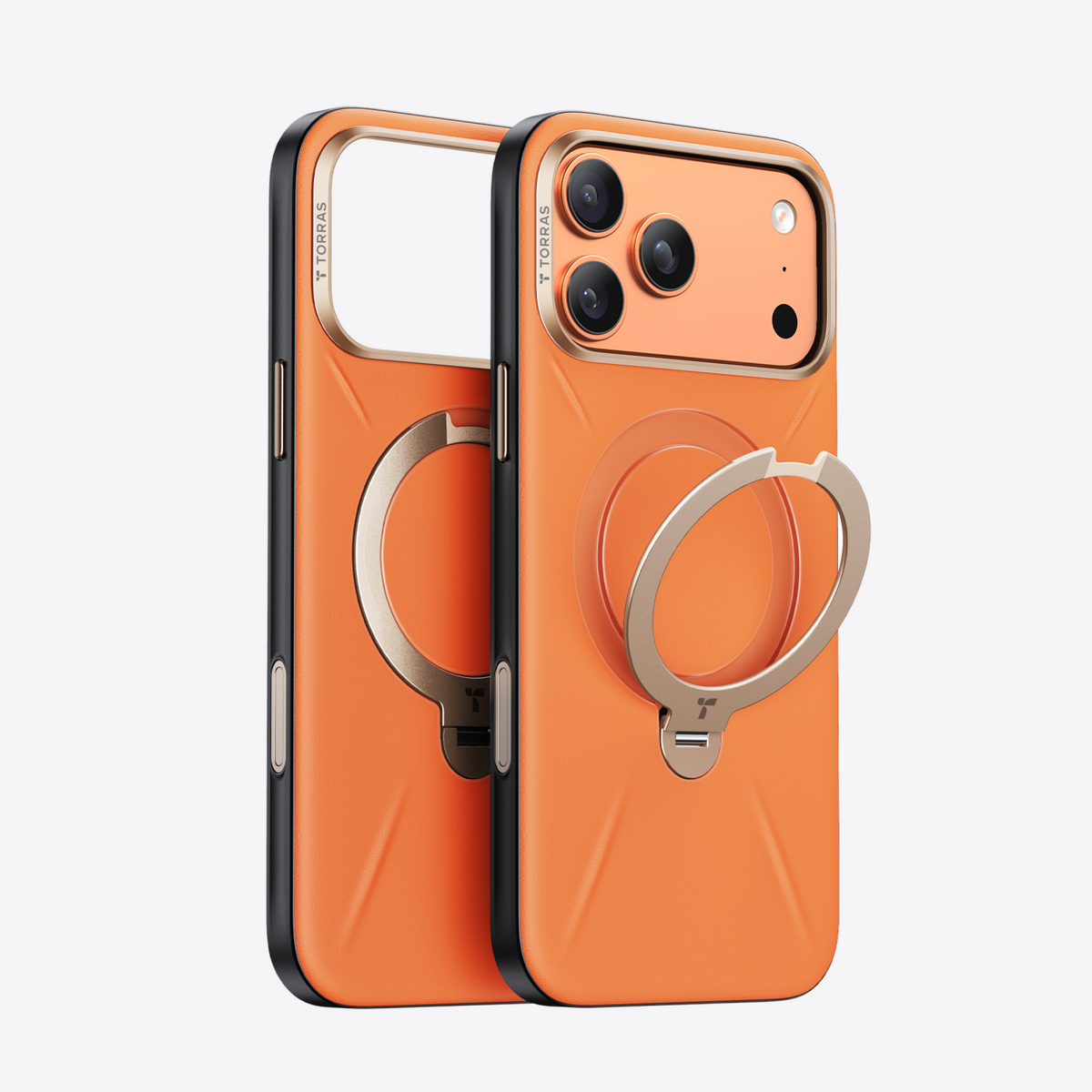 TORRAS Ostand Q3 VegSkin iPhone 17 Pro Max case, vibrant orange with gold kickstand ring.