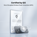 TORRAS PolarCircle Qi2 wireless charger on iPhone, featuring Qi2 certification certificate.