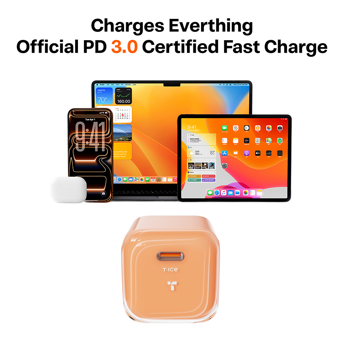 TORRAS orange 45W USB-C fast charger block, Official PD 3.0 certified, charging iPhone, MacBook, iPad.