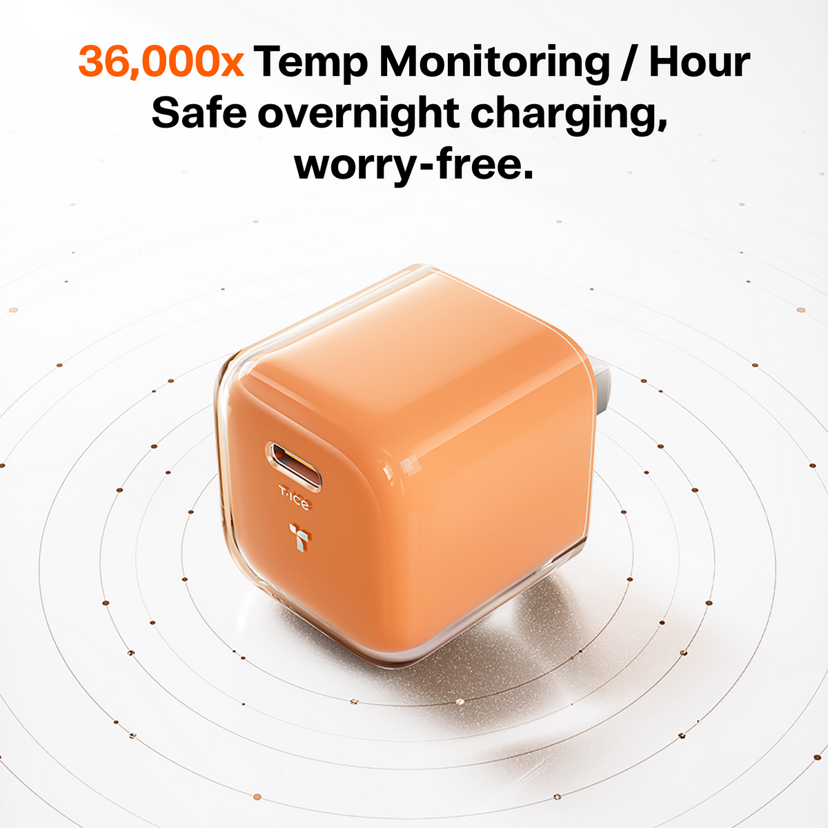 TORRAS Icenano FoldPro 45W orange USB-C charger block with 36,000x temp monitoring for safe charging.