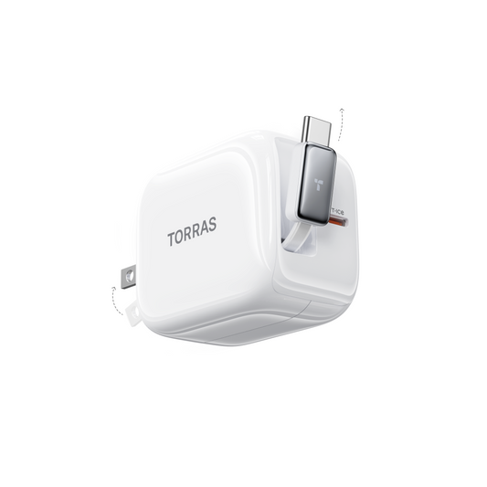 TORRAS white 40W retractable fast charger with USB-C cable and foldable plug.
