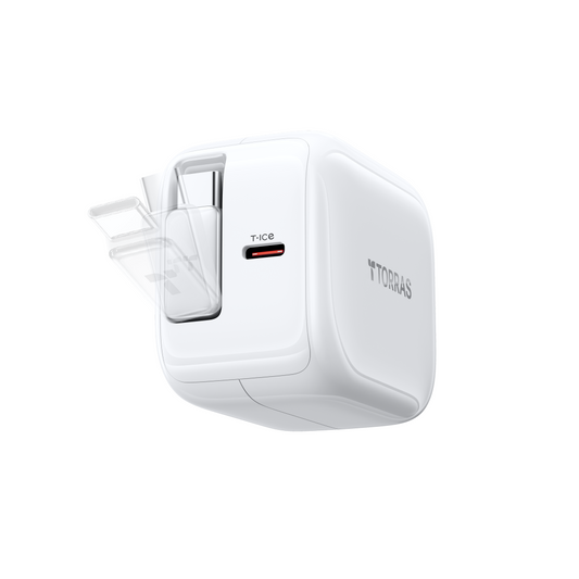 TORRAS white 40W T·ICE retractable charger, foldable plug, USB-C.