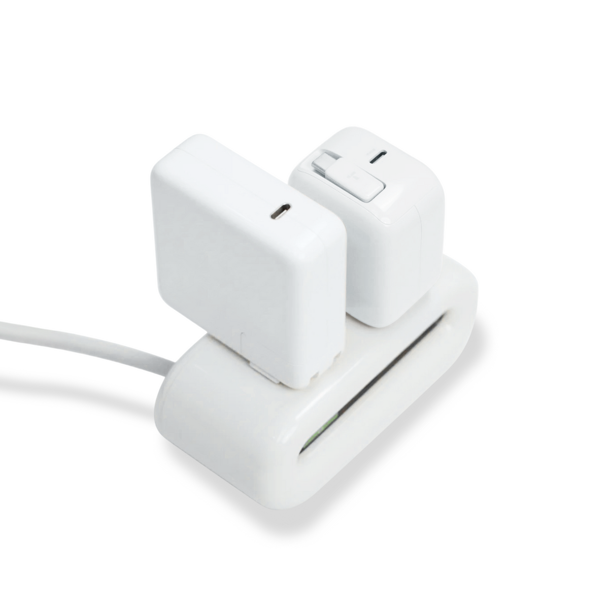 Two white TORRAS 40W retractable chargers demonstrating USB-C port and foldable US plug.