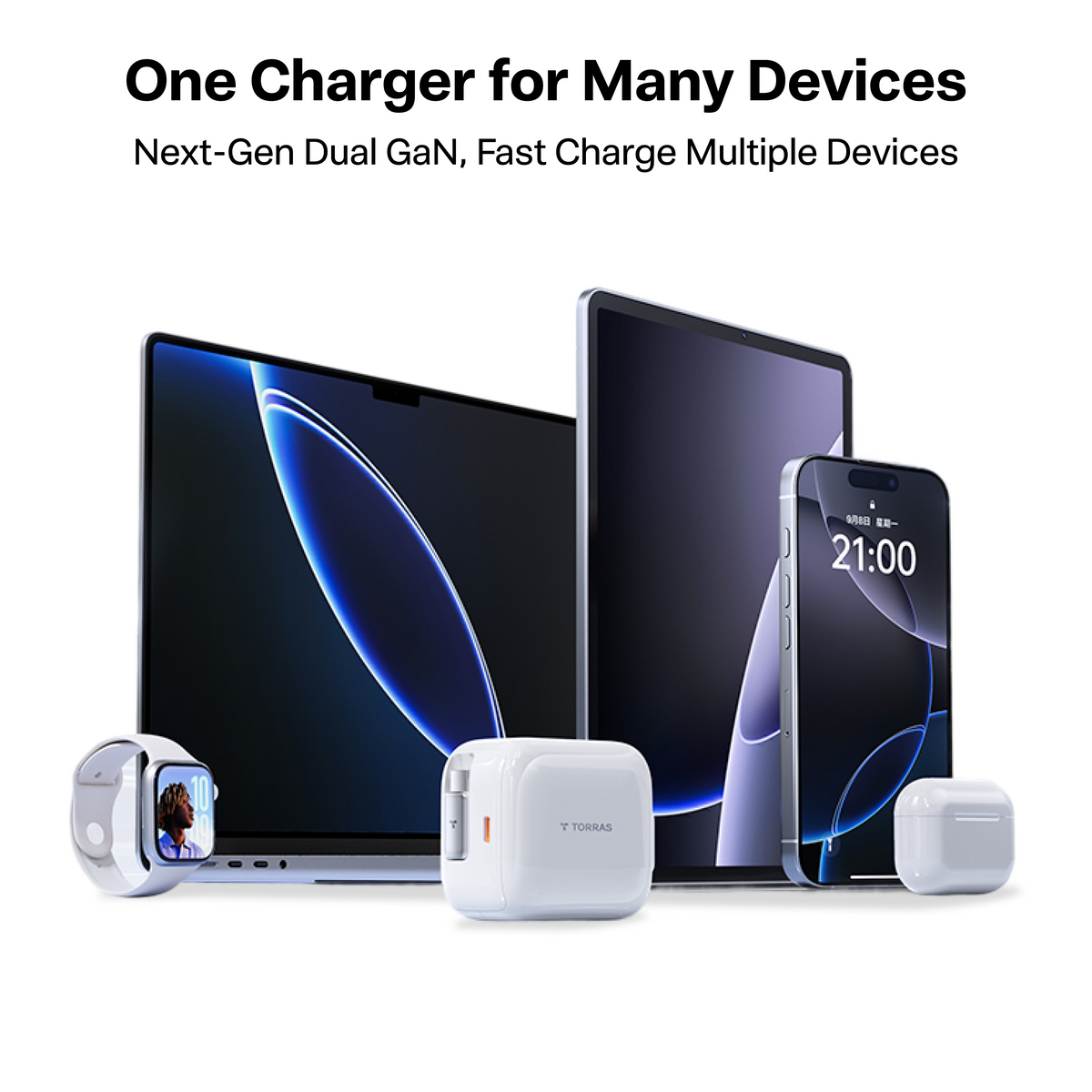 TORRAS white 40W GaN fast charger powering laptop, iPhone, Apple Watch, and AirPods.