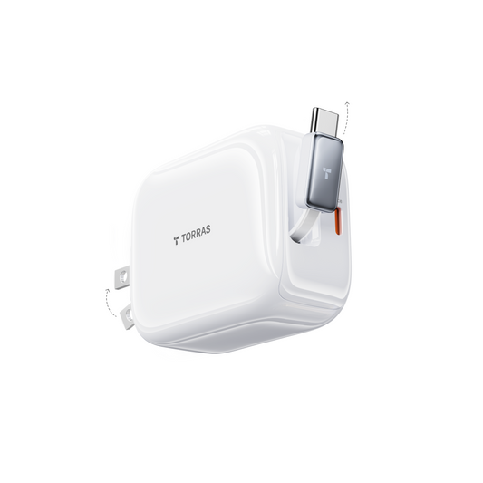 TORRAS FlexLine 67W white charger with retractable cable and foldable plug.