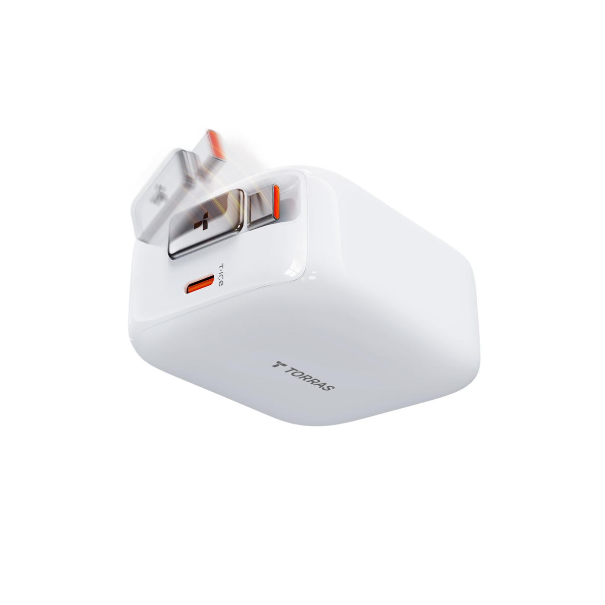 TORRAS 67W retractable fast charger, white, with dual USB-C ports, one labeled T.ICE, and orange accents.