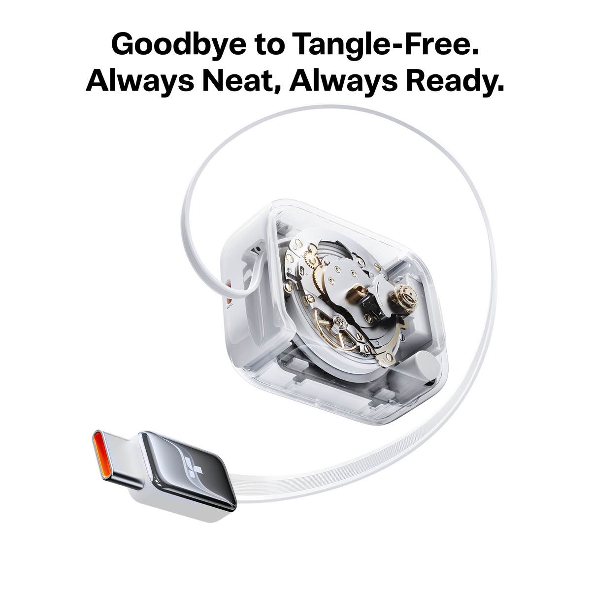TORRAS FlexLine 67W charger internal view showing retractable mechanism, tangle-free cable.
