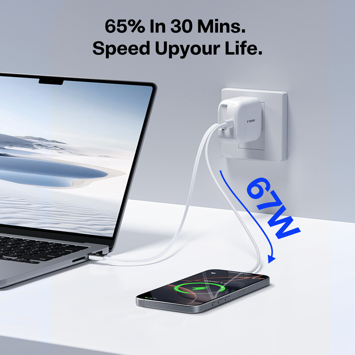 TORRAS 67W retractable fast charger powering laptop & phone, 65% in 30 mins.