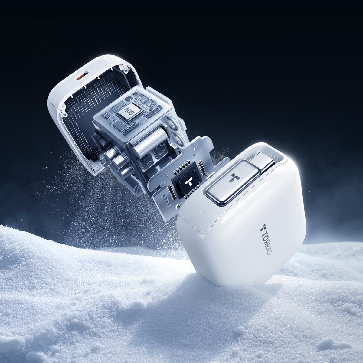 TORRAS 67W fast charger internal components, featuring GaN technology and circuit boards in a cutaway view.