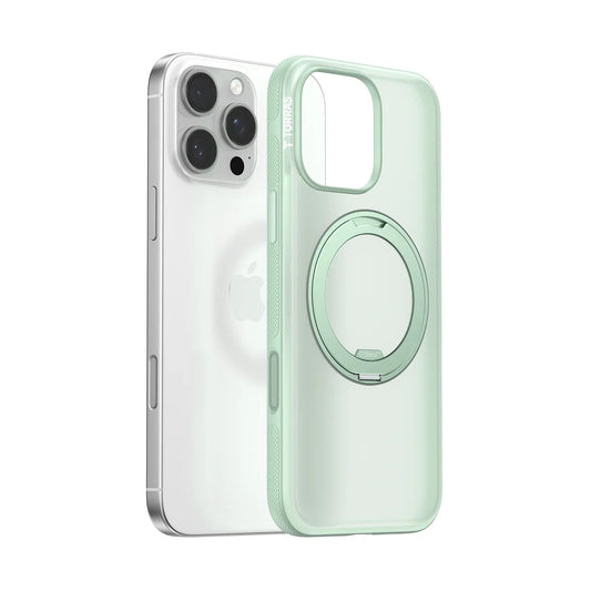 TORRAS Ostand O3 Fitness case for iPhone 16 Pro in light green with magnetic stand.