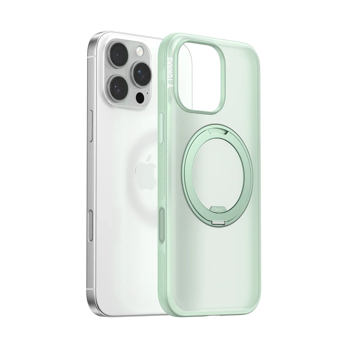 TORRAS Ostand O3 Fitness iPhone 16 Pro Max case with mint green magnetic ring stand.