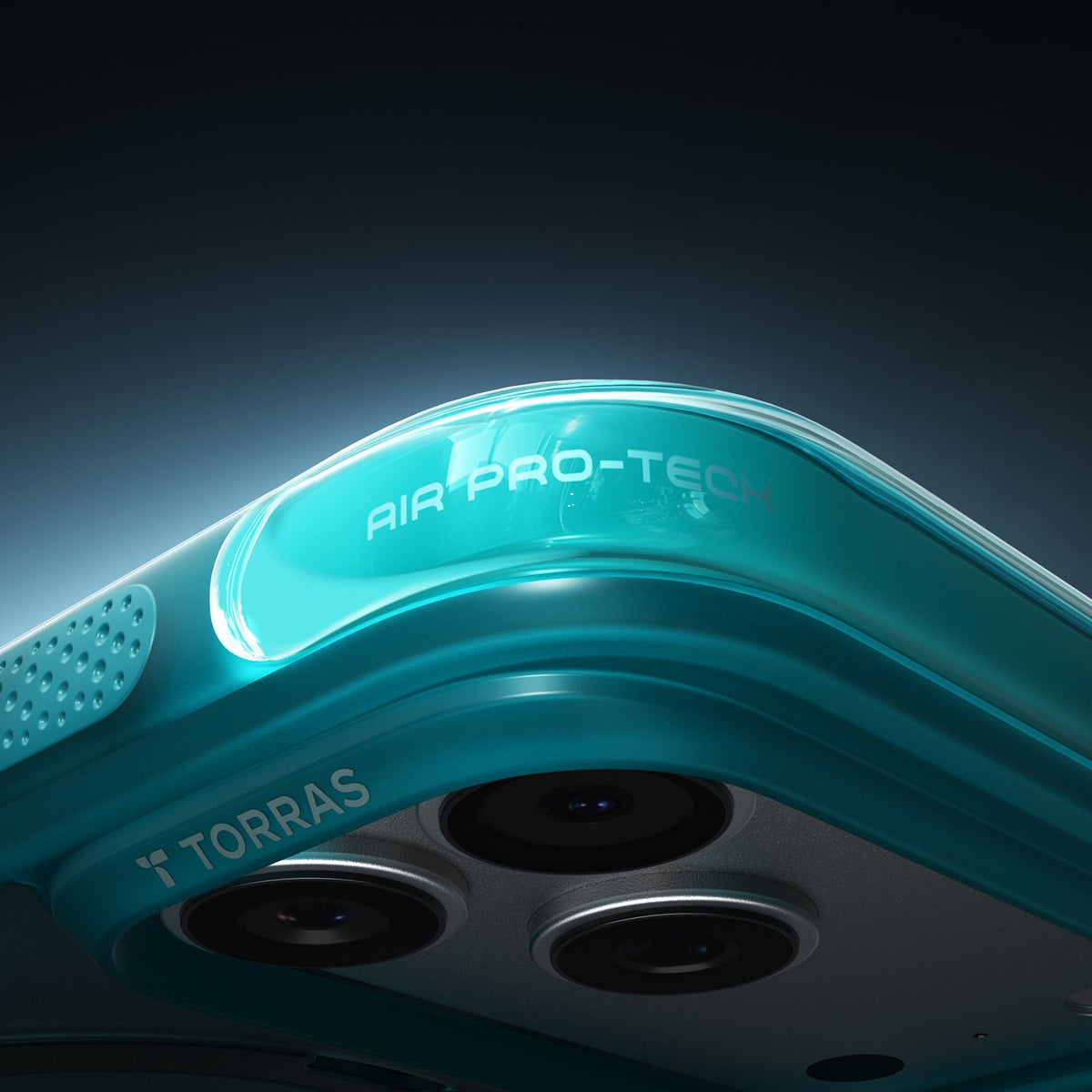 TORRAS Ostand Q3 Air case for iPhone 17 Pro Max, teal, with AIR PRO-TECH text and camera array