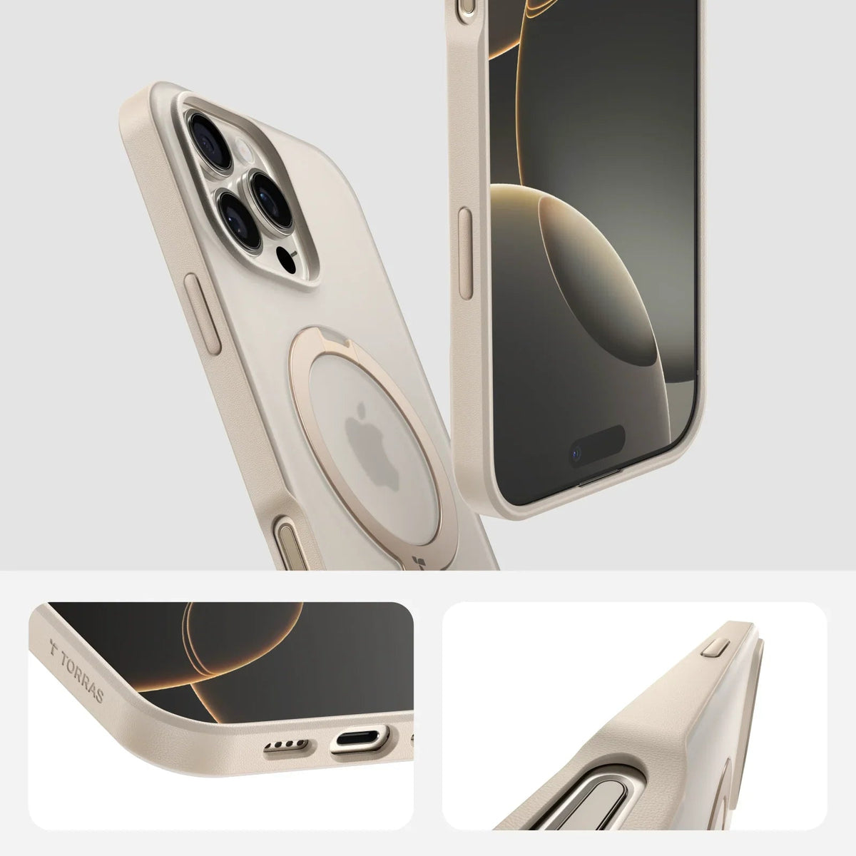 TORRAS Ostand Q3 Spin iPhone 16 Pro case: beige, featuring integrated magnetic spin stand.