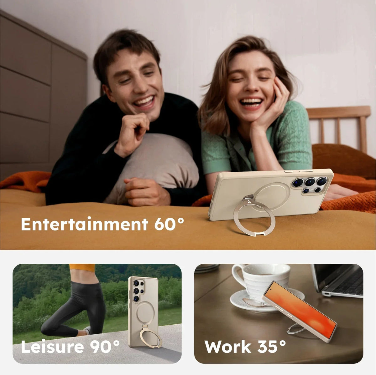 TORRAS Ostand Q3 Spin Samsung S25 Ultra case with ring stand for 60° entertainment, 90° leisure, 35° work.
