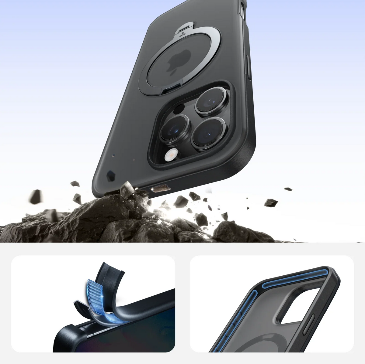 iPhone 16 Pro Max TORRAS Ostand Q3 Spin case showing 12ft drop protection and magnetic ring stand.