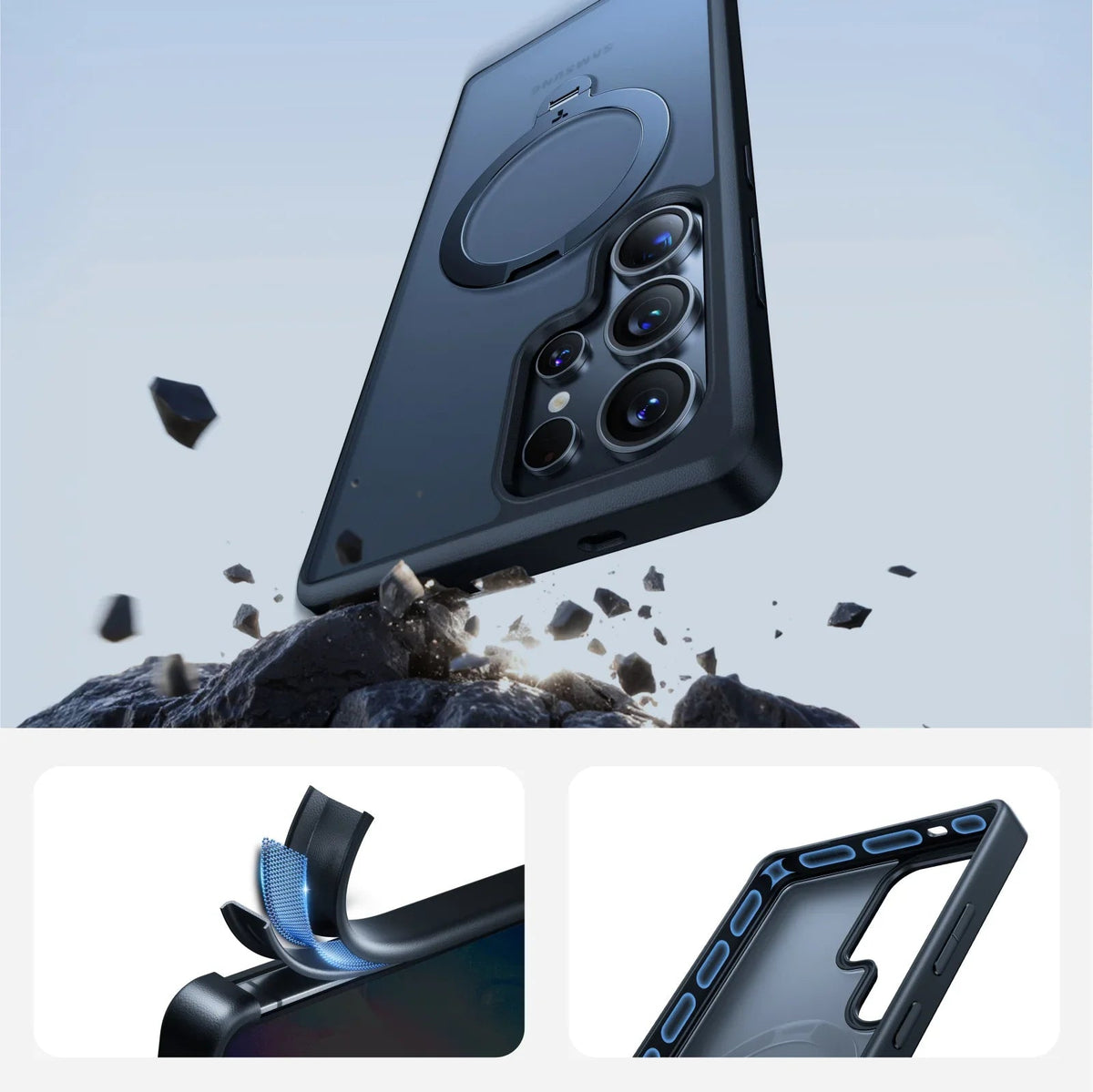 TORRAS Ostand Q3 Spin clear MagSafe case for Samsung S25 Plus with magnetic stand, showing drop protection.