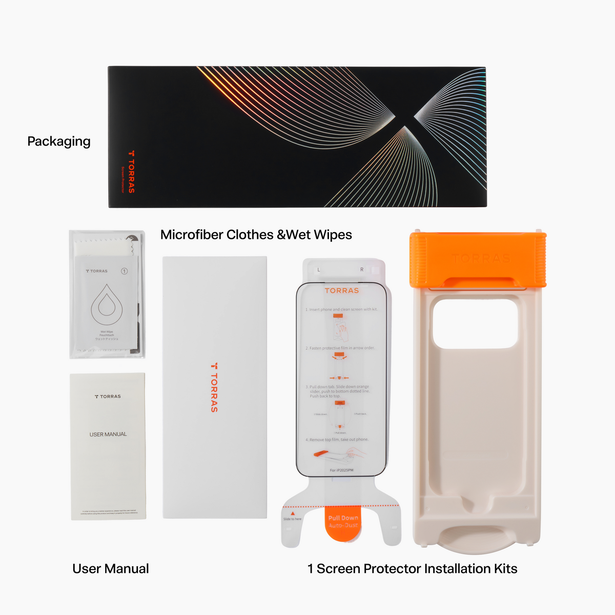 TORRAS OrigArmor kit with installation tray, wipes and manual