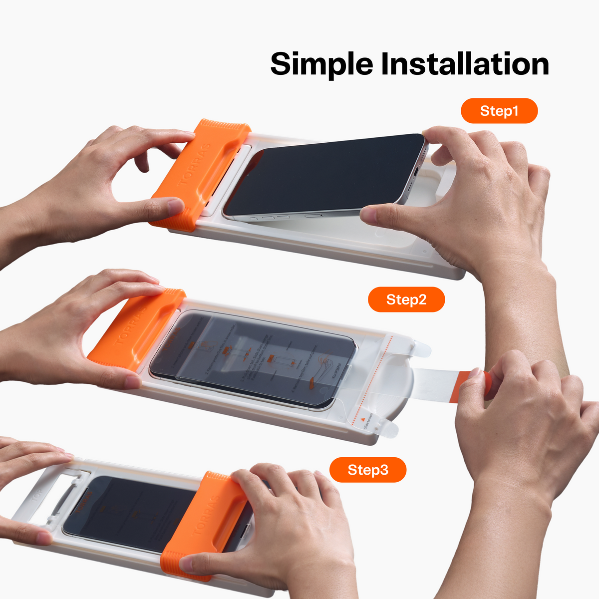 Three-step screen protector install with the TORRAS orange applicator