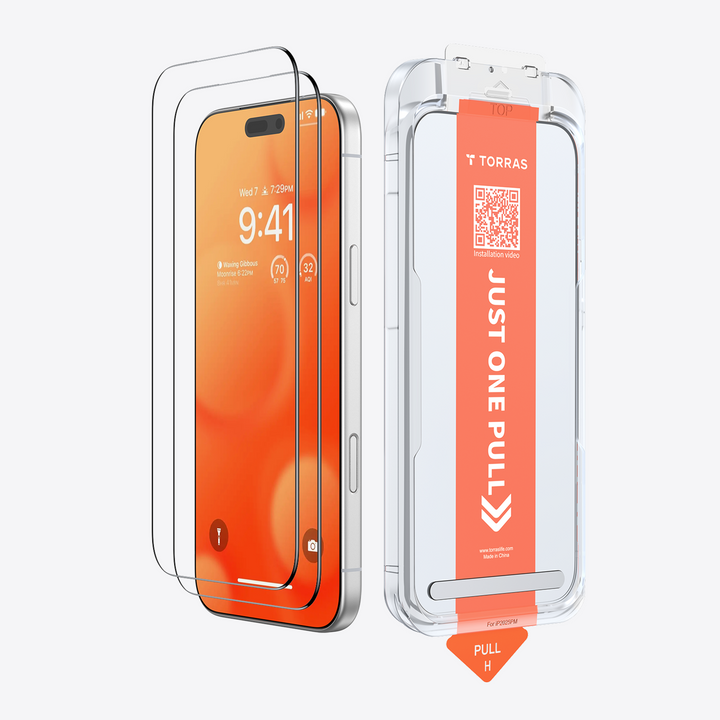 TORRAS GlassGo tempered glass screen protector for iPhone 17 Pro Max with installation packaging.