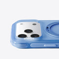 Blue TORRAS Ostand O3 Air case for iPhone 17 Pro Max, showing triple camera cutout and magnetic stand ring.