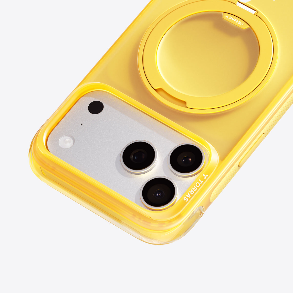 TORRAS Ostand O3 Air classic yellow iPhone 17 Pro Max case with integrated ring kickstand.