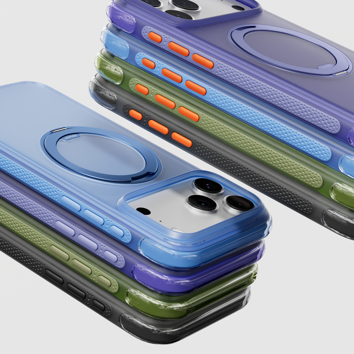 TORRAS Ostand O3 Air Classic iPhone 17 Pro Max cases with ring stand and bright orange buttons.