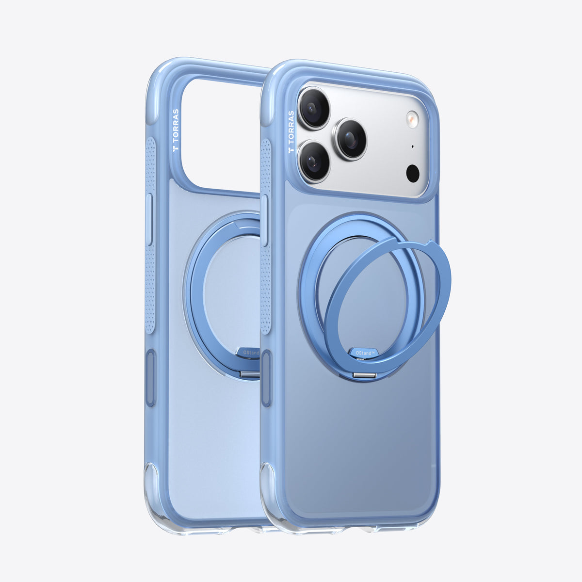 TORRAS Ostand O3 Air Classic blue case for iPhone 17 Pro Max with built-in ring stand.