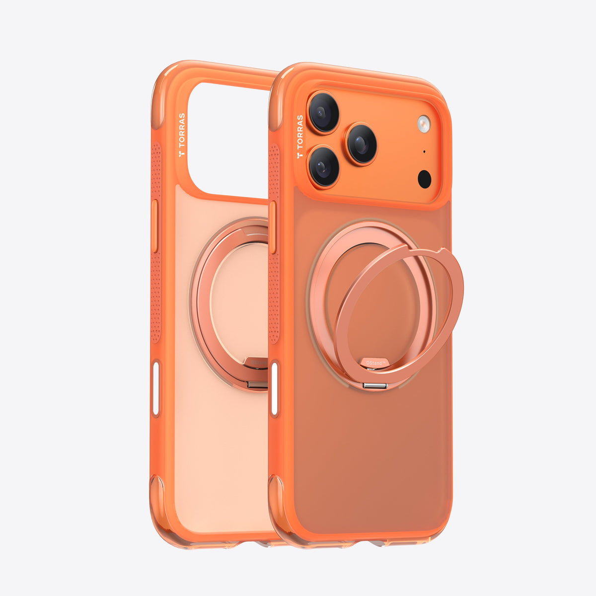 Orange TORRAS Ostand O3 Air Classic case for iPhone 17 Pro Max with ring stand.