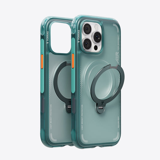 Translucent teal TORRAS Ostand Q3 Air magnetic stand case for iPhone 15 Pro Max.