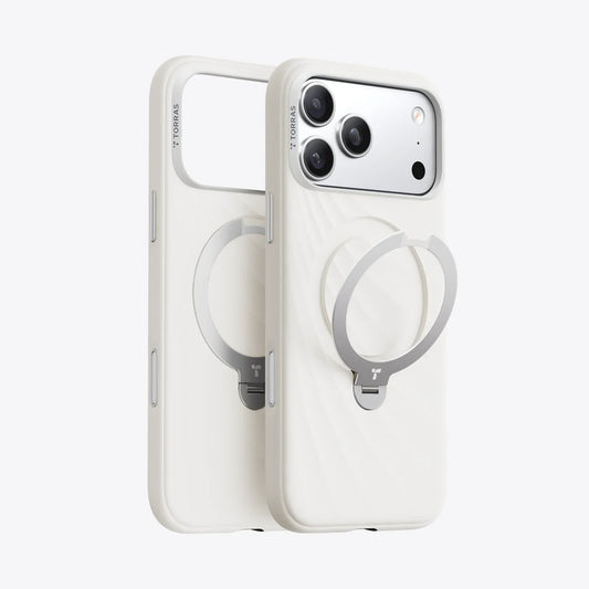 TORRAS Ostand Q3 white silicone iPhone 17 Pro case with magnetic ring stand